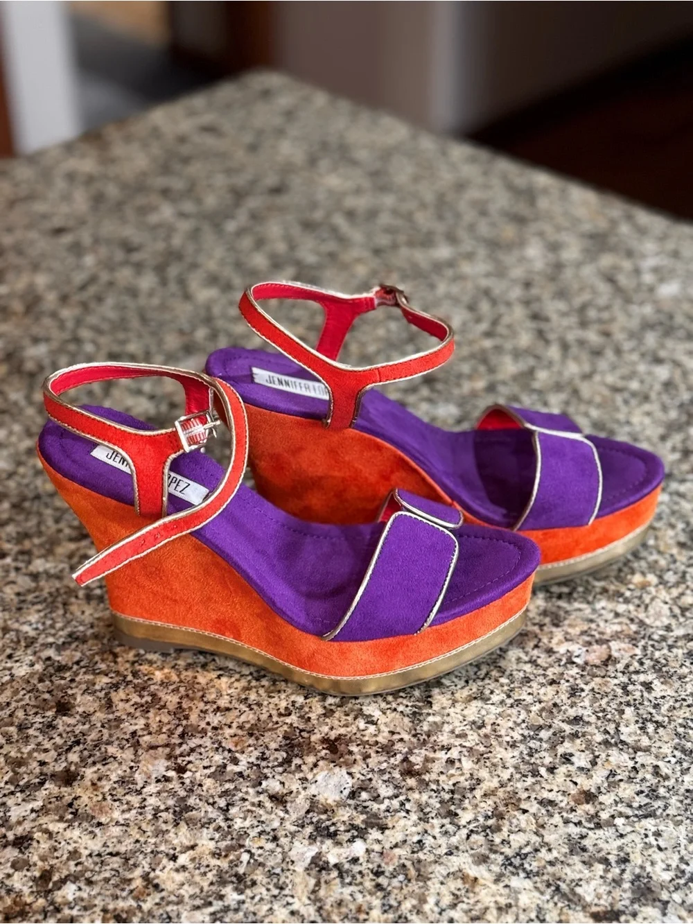 Jennifer Lopez Orange and Purple Suede Wedge Sandals